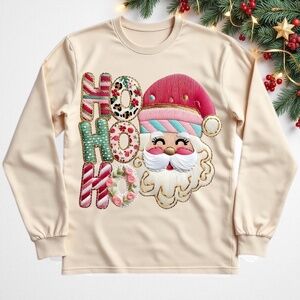 Ho Ho Ho" Faux Embroidery T-shirt Long sleeve S M L XL XXL Custom made New Tan